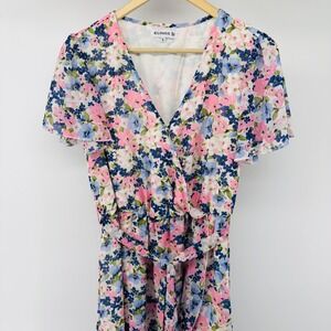 ELINGS Dress Women Large Summer Maxi Flutter Sleeve Ruffle Pink Blue Floral Hem